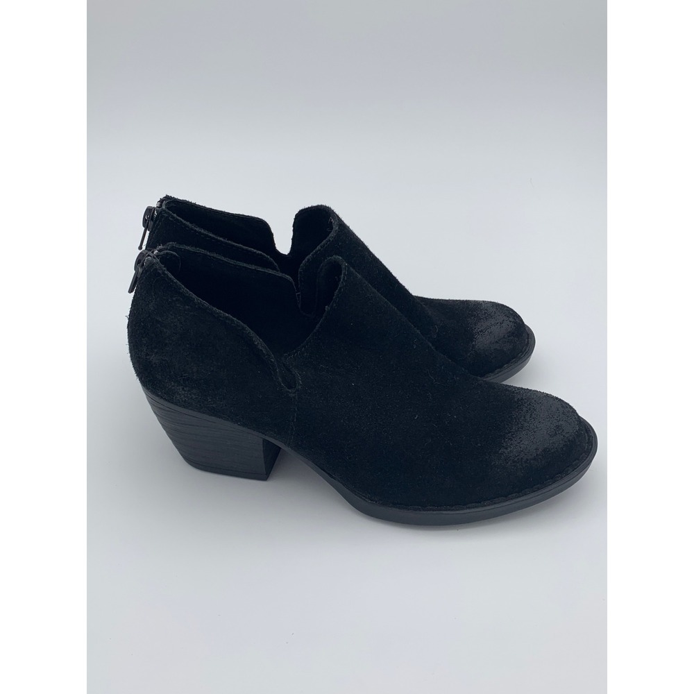 Born Womens Black Suede Ankle Booties Split Shaft Back‎ Zip Block Heel Boots